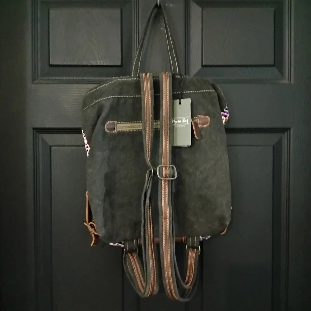 Myra Bag Handmade Vibrant Backpack Upcycled Canvas & Cowhide Leather Western